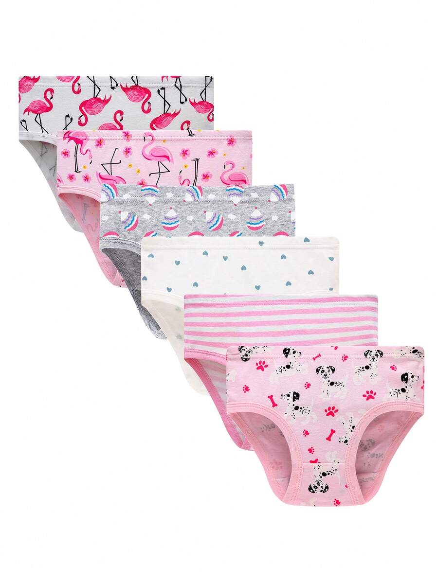 6pcs/Pack Girls' Cute Flamingo & Dog Print Comfortable Breathable Underwear Briefs - Multicolor - View 1