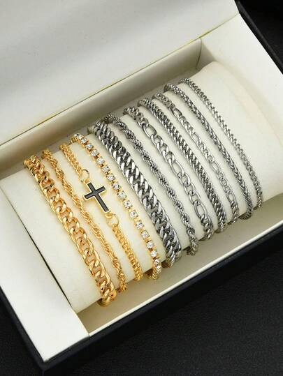 11pcs Elegant Minimalist Business Style Cross & Rhinestone Stainless Steel Bracelet Set For Men, Versatile For Date, Party, Daily Commute, Birthday, Holiday Gift