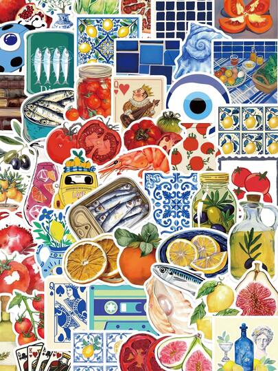 50pcs Mediterranean Tomato Sticker Aesthetic Graffiti Decals For Phone Case Laptop Luggage Scrapbook Stationery Diary Fridge Closet Decoration Sticker DIY Decal PVC HD Printing Holiday Gift
