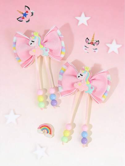 2 Stück bunte Stoff-Einhorn-Haarspangen mit Perlenanhänger, süße Haaraccessoires geeignet für Mädchen, Teenager, Freundinnen, Töchter, für den täglichen Gebrauch und als Partygeschenke