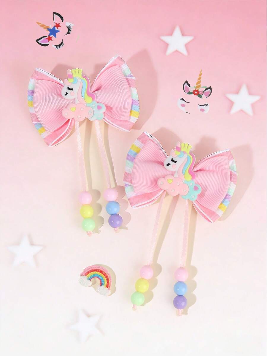 2个彩色独角兽蝴蝶结发夹，带珍珠吊坠，可爱发饰，适合女孩、青少年、朋友、女儿，日常佩戴和派对礼物 - 彩色 - 查看 1