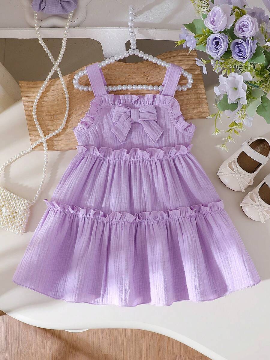 Baby Girls' Spaghetti Strap Ruffle Bow A-Line Cake Dress, Suitable For Everyday Outings, Spring/Summer