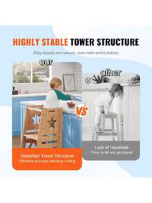 Tower Step Stool, 3-Level Height Adjustable Toddler Step Stools For Kids, Bamboo Kids Standing Tower Learning Stool With Safety Rail For Kitchen Counter Bathroom, 350LBS - Màu gỗ - Xem 4