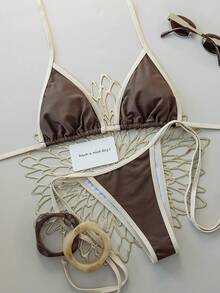 Women's Leopard Print Patchwork Tankini Swimwear Top And Bottom Casual Set, Summer Vacation Beach - Brown - View 2