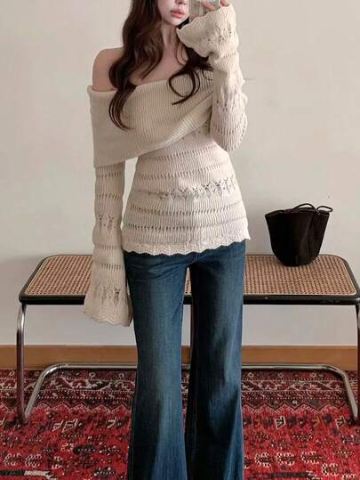 French Off-Shoulder Hollow Knit Sweater For Women, Autumn/Winter, Waist Design, Slim Fit, White Knit Undershirt Top, Random Fabric