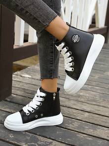 女士高帮休闲鞋，粗鞋带，时尚黑白简约踝靴，百搭户外鞋 - 黑色 - 查看 4