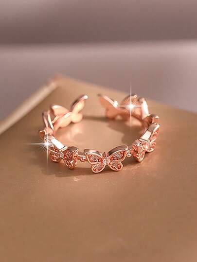 1枚休闲百搭蝴蝶立方氧化锆玫瑰单戒指，适合青少年日常通勤、生日节日礼物，铜质首饰