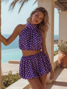 Women Two Piece Outfits Backless Mock Haler Cami Top Bubble Mini Skirt Summer Set Going Out Y2k Party Streetwear - 紫色 - 查看 3