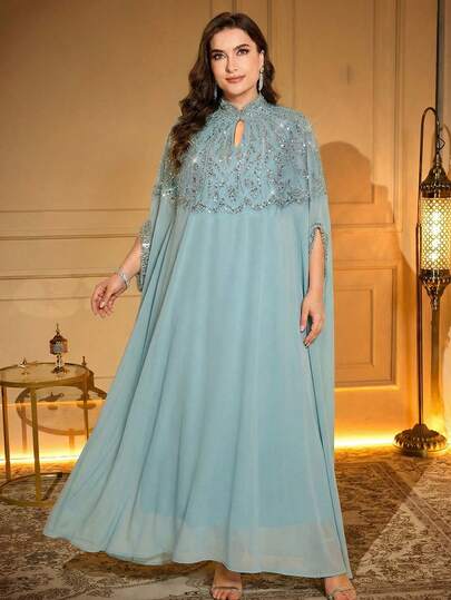 Plus Size Arabic Style Dress, Keyhole Neckline, Batwing Sleeves, Long Woven Fabric With Applique, Beaded Embroidery, Regular Hemline