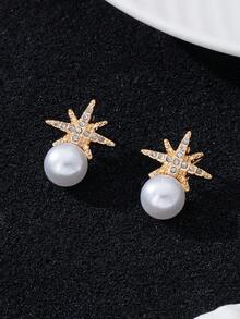 1 Pair Cute & Elegant Faux Pearl Octagon Stud Earrings, Suitable For Daily Wear - Yellow Gold - View 2