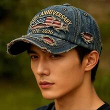 250th Anniversary American Independence Commemorative Denim Distressed Baseball Cap Patriotic Baseball Cap Adjustable - 藍色 - 查看 4