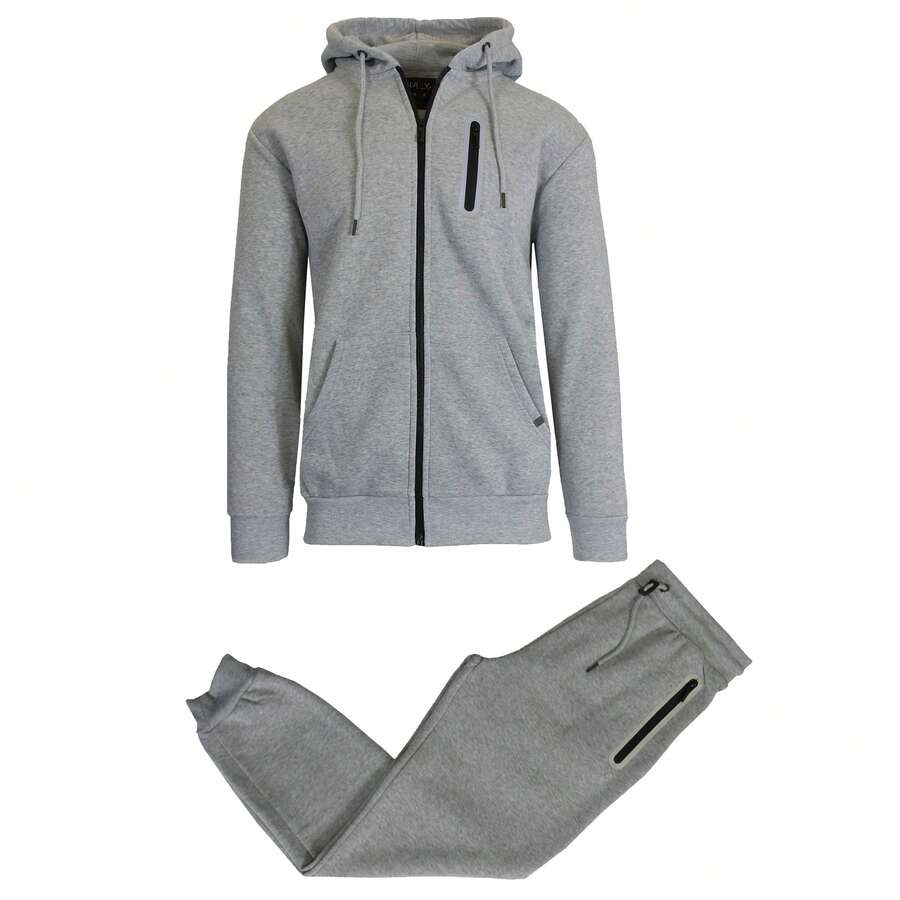 Mens Fleece-Lined Hoodie & Jogger 2-Piece Set With Reflective Design (S-2XL) - 希瑟.格雷 - 查看 1