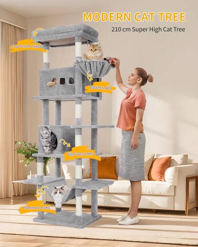 HaluPeit 210 Cm Large Cat Tower For Indoor Cats,Cat Tree, Multi-Level Cat House With Condo, 8 Scratching Posts, Hammock