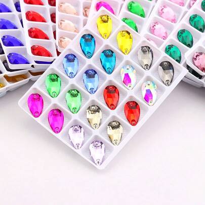 7*12毫米，50颗/包，平底双孔精致玻璃水钻，纤细水滴形，适用于缝制婚纱、手提包、鞋子装饰、珠宝制作配件