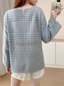Women's Loose Knit Hollow Crochet Cover Up, Round Neck Long Sleeve Lightweight Sheer Top, Spring/Summer - Blue-gray - View 3
