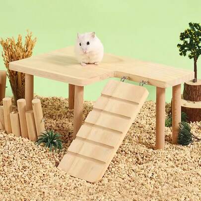 1 Set Wooden 2-Tier Platform Table With Ladder, Suitable For Hamsters, Chinchillas, Guinea Pigs, Golden Hamsters, Climbing Stairs And Hiding House, Applicable For Small Pets All Year Round