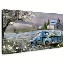 2d Flat, With Inner Frame 1 Pc Simple Blue Truck And Vintage Vehicle With Flowers. Wooden Framed Canvas Painting Thickness 2.25cm/0.9inch High Quality Wall Art Prints Poster Direct Hanging Wall Picture Decor Home Gifts, Living Room, Bathroom, Bedroom, Kitchen - 1 - View 2