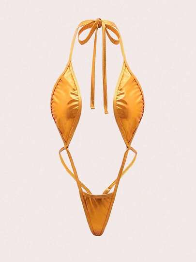 1pc Women's Sexy Metallic Gold Jumpsuit, V-Neck Slit Design Lingerie, Stretchy Fabric, Bold & Alluring Style, Suitable For Bedroom Nights And Party Occasions