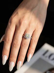 1pc 1 Carat Moissanite Diamond Hollow Heart Shaped 925 Sterling Silver Wedding Ring, Suitable As Engagement Gift, Wife/Girlfriend Birthday Present, Bride Jewelry - Silver - View 5