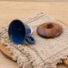 一套150毫升/5盎司独特锥形设计咖啡杯，配相思木杯垫，复古反应釉陶瓷咖啡杯碟套装，适用于家庭、餐厅、聚会和办公室。 - 彩色 - 查看 2