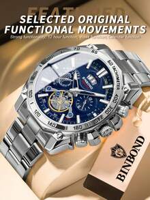 Reloj de cuarzo de lujo para hombres BINBOND, con esfera decorativa de moda, casual militar deportivo, de acero inoxidable y resistente al agua - Azul - Ver 10