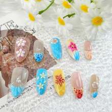Summer Flower Press On Nails Medium French Tip Fake Nails 3D Pearl Flower Acrylic Nails Tropical Flowers Ocean Style Handmade False Nails Almond Glue On Nail Spring Summer Artificial Nail 30Pcs - Màu A - Xem 4