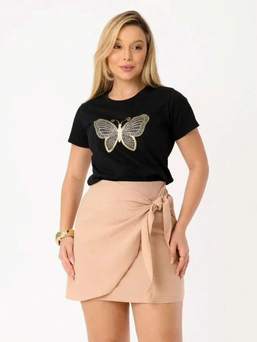 Blusa Feminina 100% Algodão Borboleta Com Strass Premium