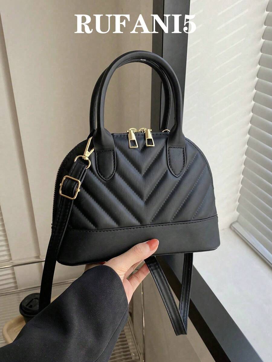 Fashionable Solid Color Crinkle Shell Handbag - Black - View 1