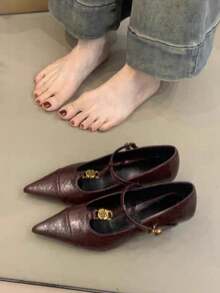 法式新款搭扣小猫跟玛丽珍鞋，优雅女士尖头细高跟鞋，适合办公室穿着 - 酒紅色 - 查看 10