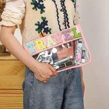 Chenille Letter Clear Zipper Pouch For Travel,Nylon Clear Cosmetic Bag,Makeup Travel Bag For Women Girls 11.8 Inches X 8.2 Inches - Pink - View 6