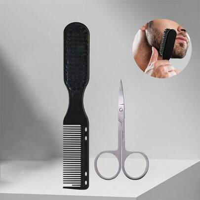 J·FOCUS 2pcs Men's Beard Trimming & Grooming Set, Stainless Steel + Nylon + Plastic Material, Beard Trimmer + Styling Comb, Multifunctional Design, Practical For Everyday Use By Professional Men