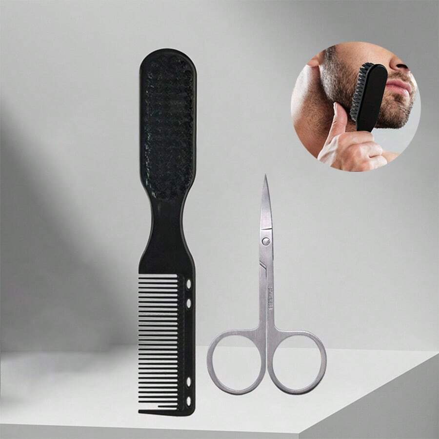 J·FOCUS 2pcs Men's Beard Trimming & Grooming Set, Stainless Steel + Nylon + Plastic Material, Beard Trimmer + Styling Comb, Multifunctional Design, Practical For Everyday Use By Professional Men - Double-ended Beard Comb + Small Scissors - View 1