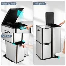 Kitchen Waste Bin With 3 Compartments, Stainless Steel, Pedal Bin, Waste Separation System With Soft-Close Lid, Removable Inner Bucket, 60L (30 + 17 + 13 L) - Silver - View 8