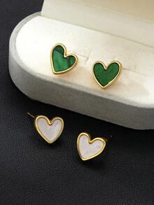 Bộ 2 đôi bông tai hình trái tim bong bóng màu xanh lá cây tối giản, bông tai trắng thanh lịch để đeo hàng ngày, quà tặng cho ngày Thánh Patrick. - Vàng - Xem 1