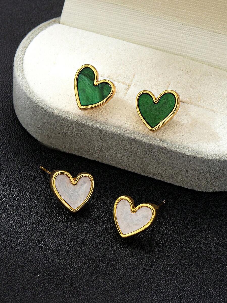 Bộ 2 đôi bông tai hình trái tim bong bóng màu xanh lá cây tối giản, bông tai trắng thanh lịch để đeo hàng ngày, quà tặng cho ngày Thánh Patrick. - Vàng - Xem 1
