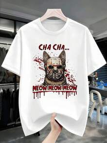 Camiseta con estampado de gato Cha Cha Meow, algodón premium, corte holgado y cómodo, hip hop urbano, estampado llamativo. - Blanco - Ver 2
