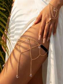 2件套性感水钻流苏蕾丝腿链和手指手链，适合女性参加派对、海滩度假 - 金色 - 查看 5