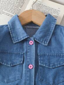 Young Girl Denim Dress, Summer New Cute Bow Puff Sleeve Lapel Knee-Length Princess Cake Dress - Blue - View 3