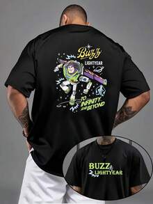 [Disney Official Genuine Authorization ]1pc, Men's T-Shirt, Buzz Lightyear Letter Slogan Theme Series Men's Casual Short-Sleeved T-Shirt, Round Neck Casual Comfortable T-Shirt, Breathable And Light, Suitable For Sports And Leisure Wear. - 黑色 - 查看 1