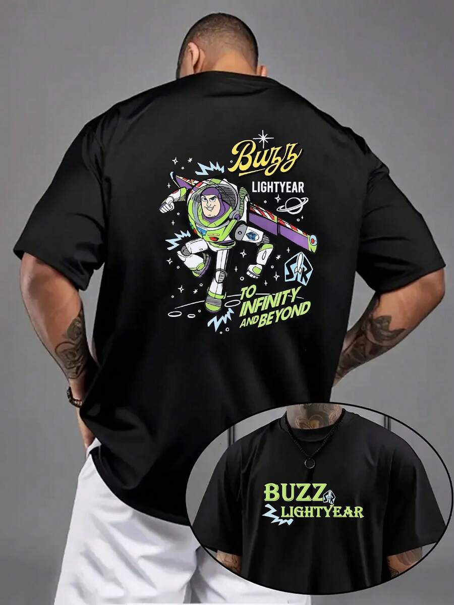 [Disney Official Genuine Authorization ]1pc, Men's T-Shirt, Buzz Lightyear Letter Slogan Theme Series Men's Casual Short-Sleeved T-Shirt, Round Neck Casual Comfortable T-Shirt, Breathable And Light, Suitable For Sports And Leisure Wear. - 黑色 - 查看 1