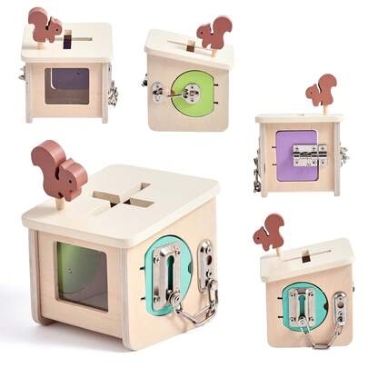 6-Sided Unlocking Cute Squirrel Busy Box, Wooden Multi-Function Unlock House, Home Decor Storage Ornament, Develop Hands-On Ability & Focus, Early Educational Puzzle Toy For Toddlers