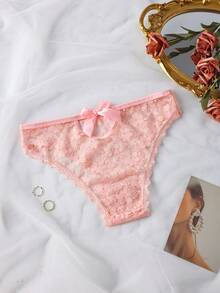 1条粉色浪漫蕾丝蝴蝶结后背女士内裤，柔软舒适女士内衣 - 粉色 - 查看 1