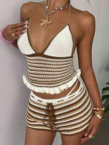 Womens Crochet Boho Striped V Neck Halter Top And Shorts Beach Cover Up Set Casual Sexy Two Pieces Outfit - Khaki - View 4