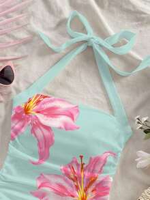 女士系带吊带背心，花卉印花百合结露背荷叶边沙滩度假休闲款 - 薄荷綠 - 查看 3