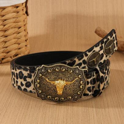 1pc Hot Girl Style Leopard Print Western Cowboy Belt Retro Bull Head Carved Buckle Leather Belt American Retro Jeans Accessories Niche Personality Shooting Waist Accessories