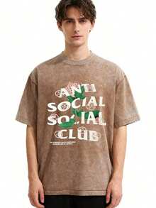 2026 Summer Tops1pc Retro Water Washed T Shirts, Artistic Graphic Featuring A Blooming Rose Intertwined With Bold Anti Social Club Text Symbolizing Contrast Between Beauty And Isolation Vintage 100% 230g Pure Cotton Casual Tee For Men,Street Y2K, Summer Tops, New Year Gifts,UnisexLoose And Comfortableshirt - Cà phê nâu - Xem 11