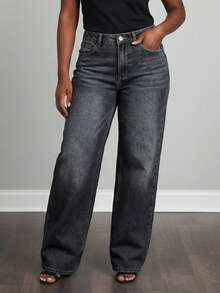 Quần jeans ống rộng dáng suông màu xanh đậm, kiểu dáng thoải mái, dành cho nữ, thích hợp cho mùa xuân/thu. - Màu xám đen - Xem 1