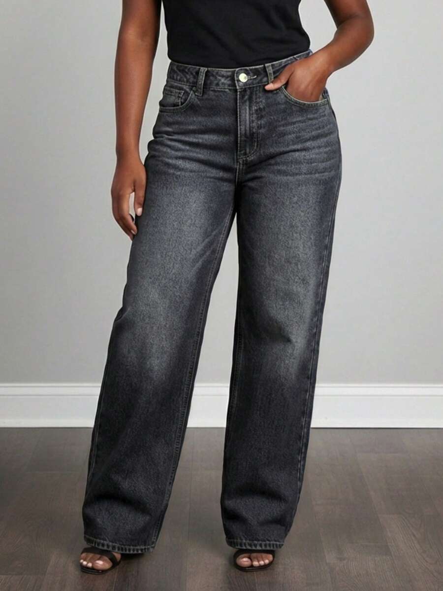 Quần jeans ống rộng dáng suông màu xanh đậm, kiểu dáng thoải mái, dành cho nữ, thích hợp cho mùa xuân/thu. - Màu xám đen - Xem 1