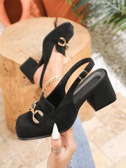 Plus Size Women's High Heel Pumps, Thick Heel Metal Buckle Fashion Shoes, Mary Jane Leather Shoes, Black Comfortable Elegant Square Toe Chunky Heels, Business Casual Formal Shoes