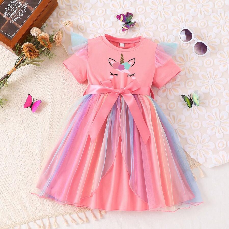 Young Girl' Fashionable Casual Elegant Sweet Cute Unicorn Print Round Neck Cap Sleeve Ruffle Mesh Dress, Summer